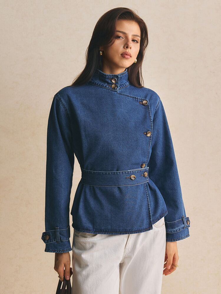 Firerie Women's Stand Collar Long Sleeve Single-Breasted Casual Vintage Elegant Versatile Denim Jacket Everyday Semi Formal Blue Autumn Going Out Tops - Dark Wash - View 7