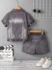 SHEIN 小男孩牛仔效果破洞两件套服装，带口袋，酷炫街头风格 - 黑色 - 查看 2