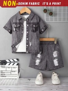 SHEIN 小男孩牛仔效果破洞两件套服装，带口袋，酷炫街头风格 - 黑色 - 查看 1