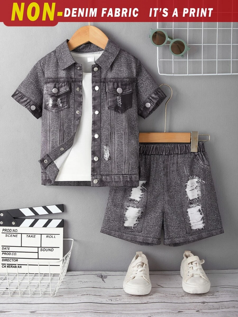 SHEIN 小男孩牛仔效果破洞两件套服装,带口袋,酷炫街头风格 - 黑色 - 查看 1
