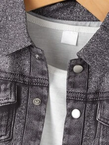 SHEIN 小男孩牛仔效果破洞两件套服装，带口袋，酷炫街头风格 - 黑色 - 查看 3