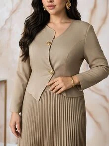 Modelyn Plus Size Elegant Commute Solid Color Shirt & Pleated Skirt 2 Pieces Set - Khaki - View 6