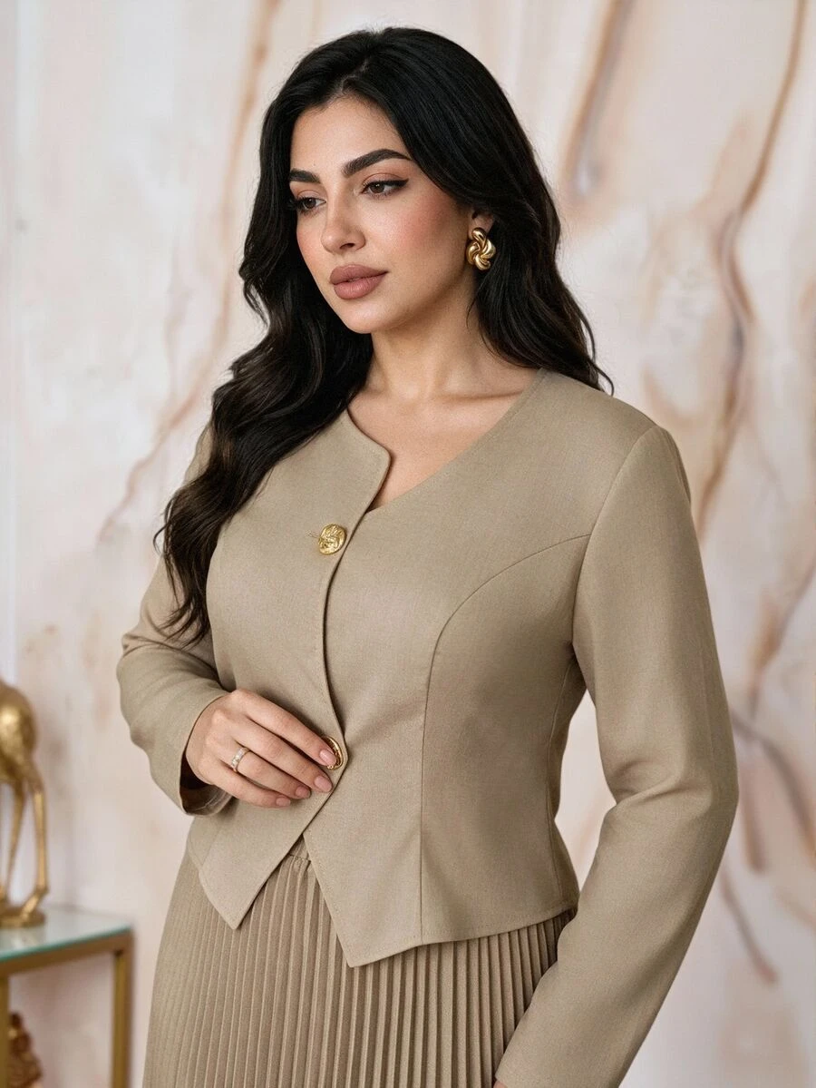 Modelyn Plus Size Elegant Commute Solid Color Shirt & Pleated Skirt 2 Pieces Set - Khaki - View 1