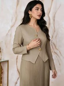 Modelyn Plus Size Elegant Commute Solid Color Shirt & Pleated Skirt 2 Pieces Set - Khaki - View 9