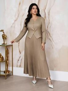 Modelyn Plus Size Elegant Commute Solid Color Shirt & Pleated Skirt 2 Pieces Set - Khaki - View 1