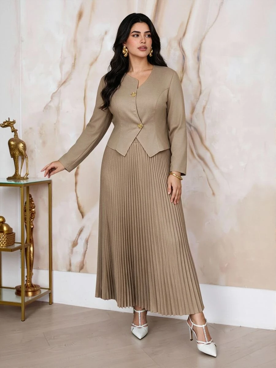 Modelyn Plus Size Elegant Commute Solid Color Shirt & Pleated Skirt 2 Pieces Set - Khaki - View 1