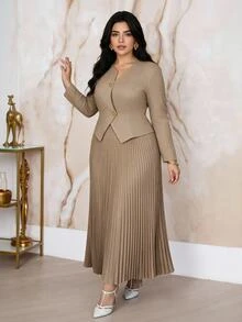 Modelyn Plus Size Elegant Commute Solid Color Shirt & Pleated Skirt 2 Pieces Set - Khaki - View 8