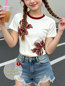 夏季女童時尚個性清新花卉圖案印花休閒風基本修身短版上衣 - 彩色 - 查看 3