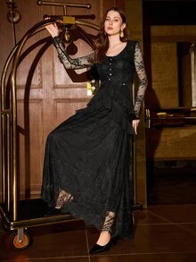 MOTF PREMIUM WOMEN'S ELEGANT EXQUISITE SHEER LACE MULTI-LAYER RUFFLE DRESS - Black - View 5