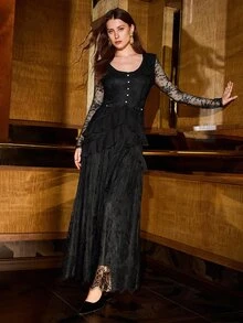 MOTF PREMIUM WOMEN'S ELEGANT EXQUISITE SHEER LACE MULTI-LAYER RUFFLE DRESS - Black - View 4