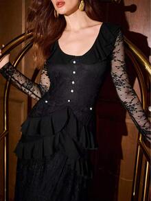 MOTF PREMIUM WOMEN'S ELEGANT EXQUISITE SHEER LACE MULTI-LAYER RUFFLE DRESS - Black - View 2