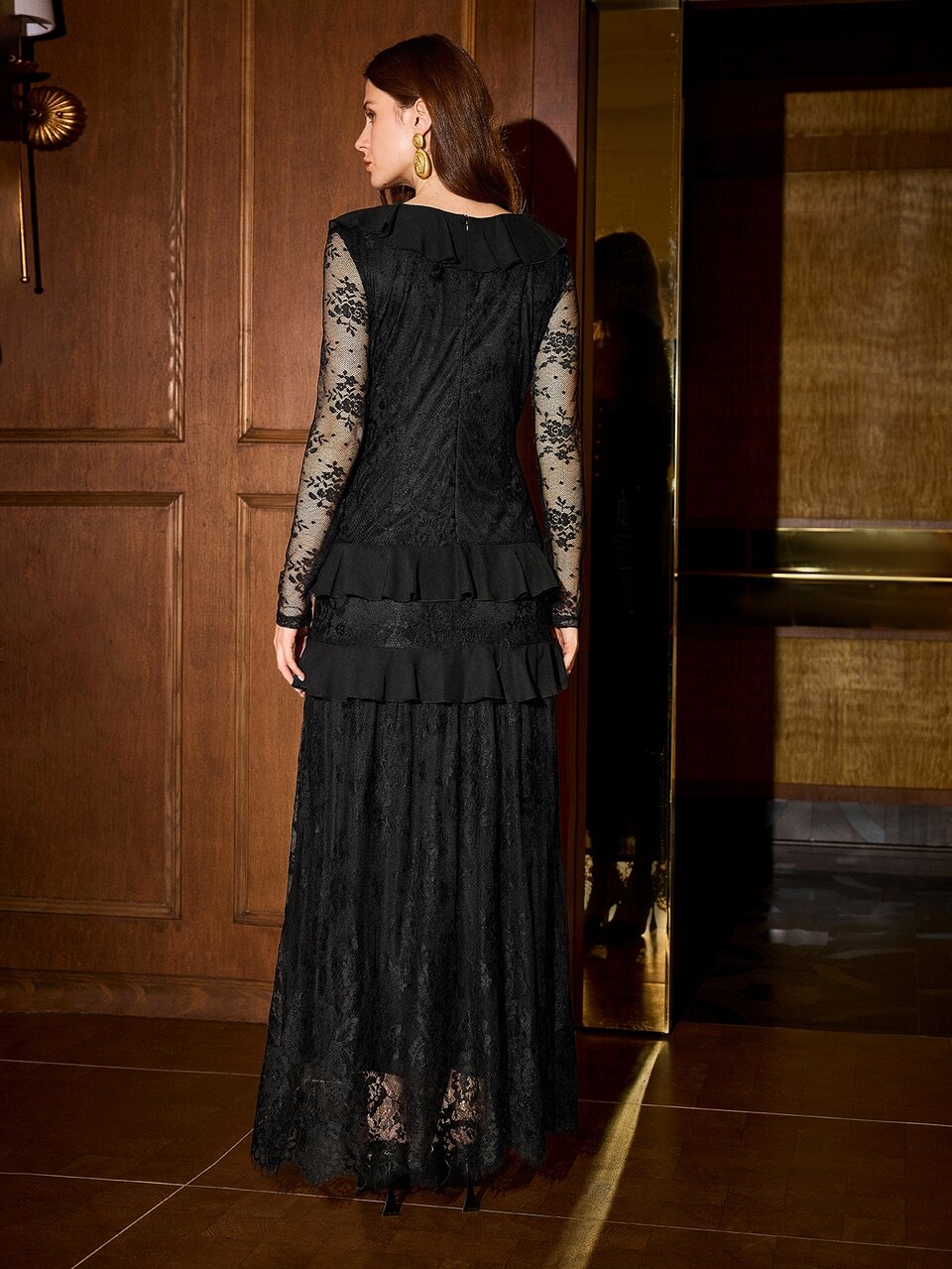 MOTF WOMEN'S ELEGANT EXQUISITE SHEER LACE MULTI-LAYER RUFFLE DRESS