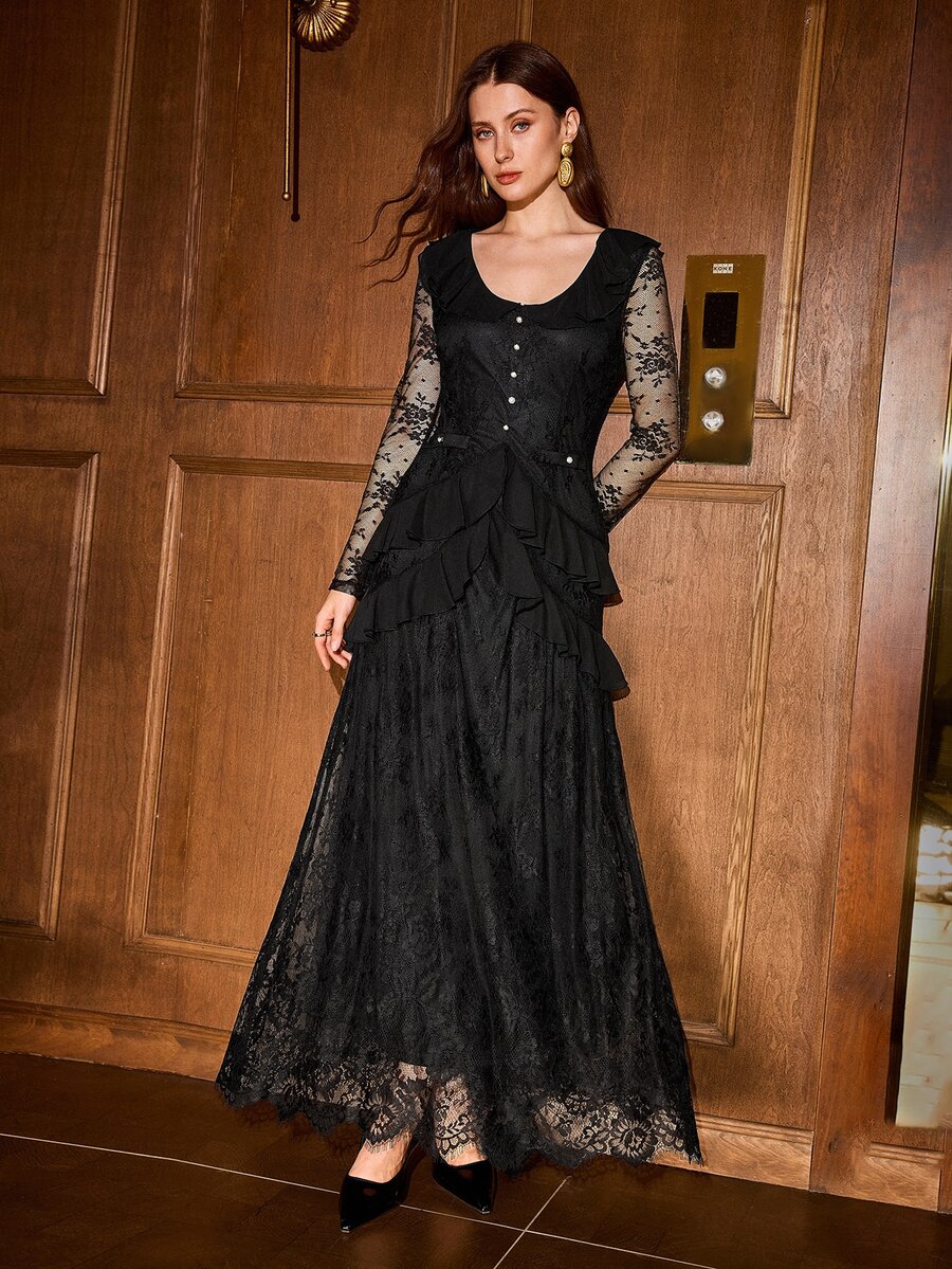 MOTF PREMIUM WOMEN'S ELEGANT EXQUISITE SHEER LACE MULTI-LAYER RUFFLE DRESS - Black - View 1