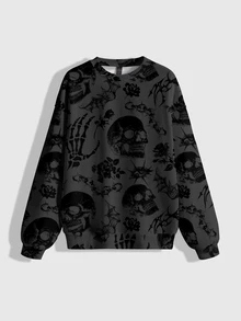 ROMWE Sweatshirt Pullover Gothic Horor Hutan Tengkorak Gelap Ukuran Besar - Hitam - View 5