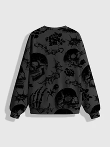 ROMWE Sweatshirt Pullover Gothic Horor Hutan Tengkorak Gelap Ukuran Besar - Hitam - View 2