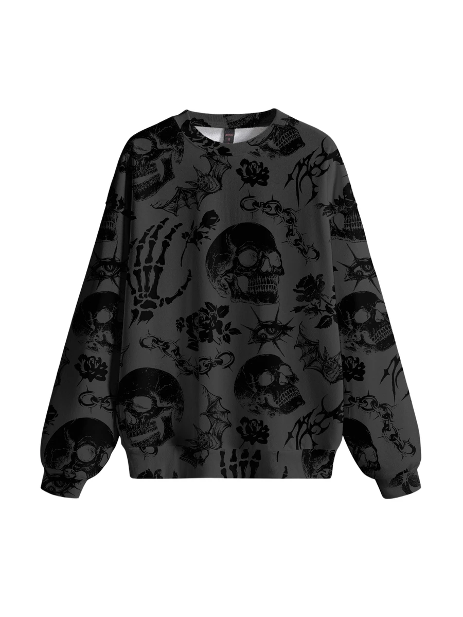 ROMWE Sweatshirt Pullover Gothic Horor Hutan Tengkorak Gelap Ukuran Besar - Hitam - View 1