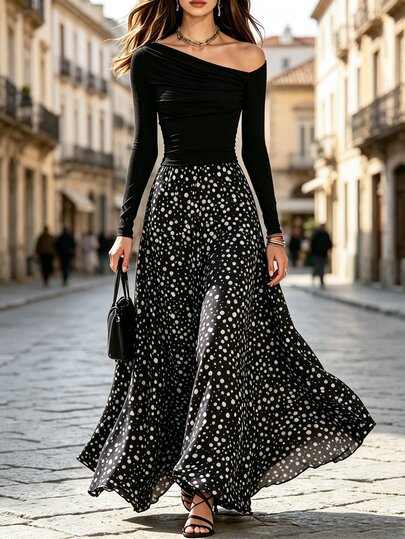 SHEIN Gaun Wanita Vintage Motif Polkadot Hitam Putih dengan Leher Asimetris, Desain Dada Berkerut, Lengan Panjang, Potongan Ramping, Pinggang Tinggi, Hem Mengembang, Gaun Panjang yang Mengalir, Suasana Elegan, Cocok untuk Bepergian, Pesta, Perjamuan, Gaun Panjang yang Melangsingkan dan Menawan untuk Wanita