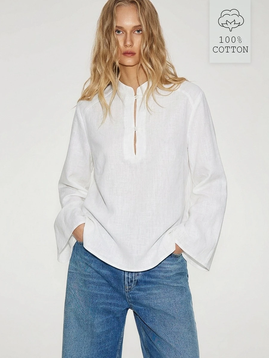 ATUI Studio Minimalist White Linen Pullover Long Sleeve Shirt Women Stand Collar Embroidered Flared Sleeve Loose Versatile Vintage Sun Protection Top French Lazy Loose V-Neck Pullover - White - View 1