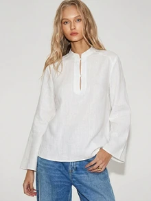 ATUI Studio Minimalist White Linen Pullover Long Sleeve Shirt Women Stand Collar Embroidered Flared Sleeve Loose Versatile Vintage Sun Protection Top French Lazy Loose V-Neck Pullover - White - View 3