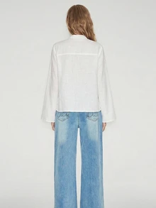 ATUI Studio Minimalist White Linen Pullover Long Sleeve Shirt Women Stand Collar Embroidered Flared Sleeve Loose Versatile Vintage Sun Protection Top French Lazy Loose V-Neck Pullover - White - View 4