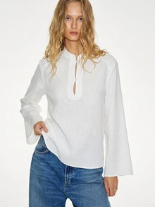 ATUI Studio Minimalist White Linen Pullover Long Sleeve Shirt Women Stand Collar Embroidered Flared Sleeve Loose Versatile Vintage Sun Protection Top French Lazy Loose V-Neck Pullover - White - View 2