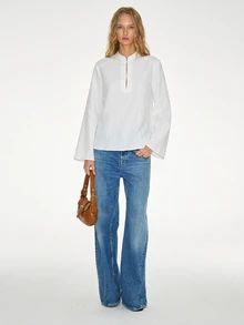 ATUI Studio Minimalist White Linen Pullover Long Sleeve Shirt Women Stand Collar Embroidered Flared Sleeve Loose Versatile Vintage Sun Protection Top French Lazy Loose V-Neck Pullover - White - View 5