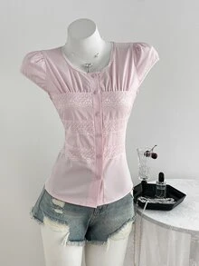 Elamini Blusa Feminina Rosa Casual de Férias Doce para o Dia a Dia com Renda e Patchwork - Rosa chiclete - Visão 4