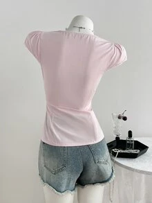 Elamini Blusa Feminina Rosa Casual de Férias Doce para o Dia a Dia com Renda e Patchwork - Rosa chiclete - Visão 2