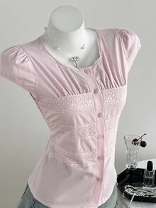 Elamini Blusa Feminina Rosa Casual de Férias Doce para o Dia a Dia com Renda e Patchwork - Rosa chiclete - Visão 3