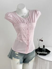 Elamini Blusa Feminina Rosa Casual de Férias Doce para o Dia a Dia com Renda e Patchwork - Rosa chiclete - Visão 7