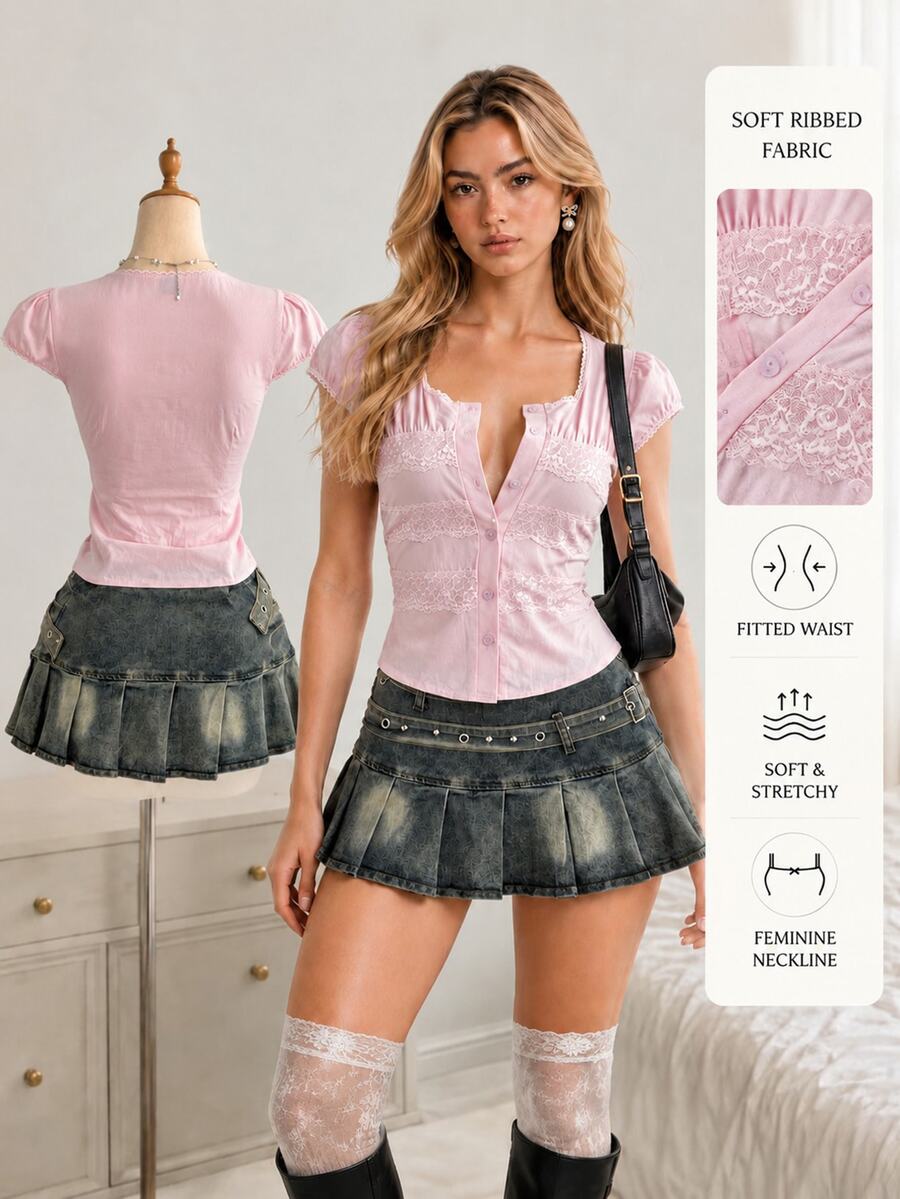 Elamini Blusa Feminina Rosa Casual de Férias Doce para o Dia a Dia com Renda e Patchwork - Rosa chiclete - Visão 1