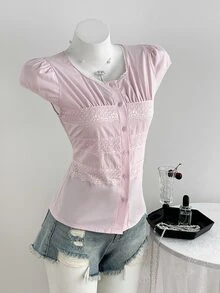 Elamini Blusa Feminina Rosa Casual de Férias Doce para o Dia a Dia com Renda e Patchwork - Rosa chiclete - Visão 5