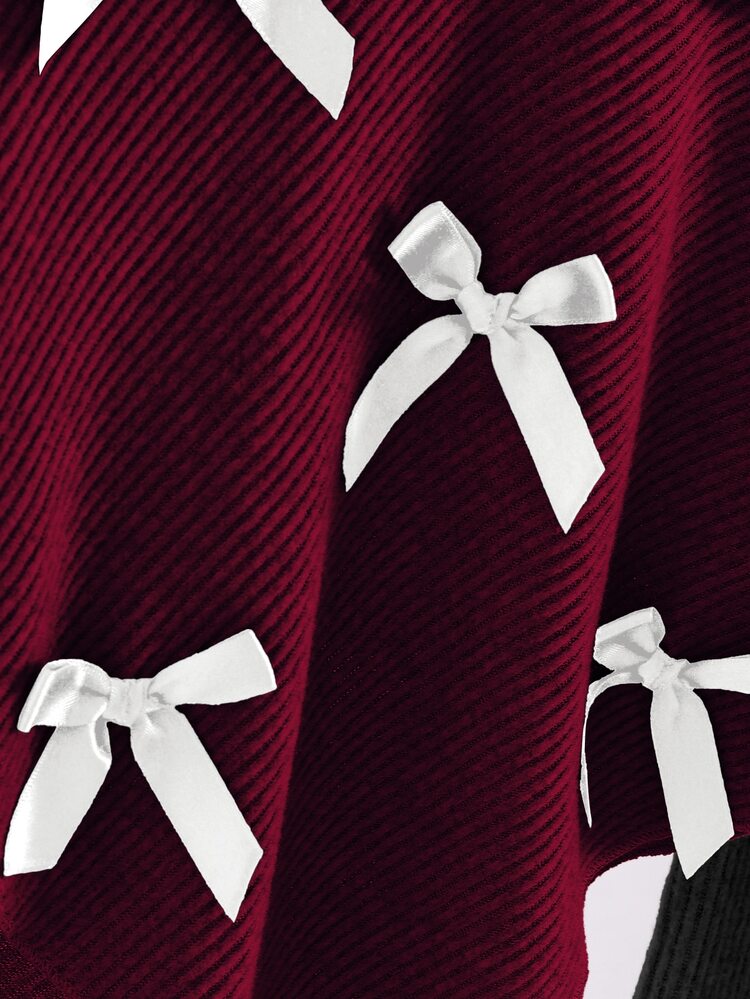 Souflis Souflis Young Girl) Autumn/Winter New Casual T-Shirt Set, White 3D Bow Decor Front, Asymmetrical Pullover High Neck Ribbed Brushed Fabric Solid Burgundy Long Sleeve Top Paired With Black Casual Flared Pants, 2 Pieces Set Suitable For Autumn/Winter Back To School Season, Elegant Lady Style High-End Daily School Outings Travel Gatherings - Multicolor - View 4