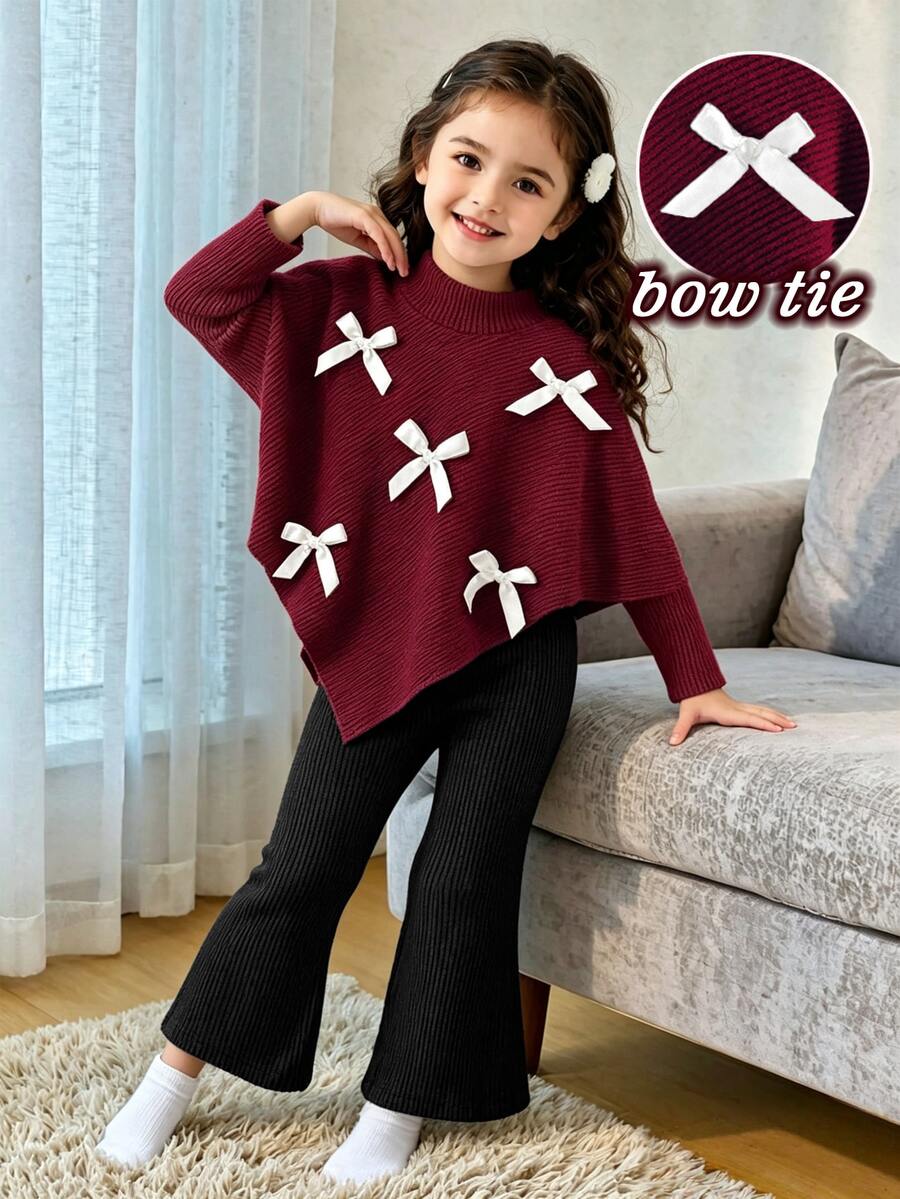 Souflis Souflis (Young Girl) 秋冬新款休閒T恤套裝,白色3D蝴蝶結裝飾正面,不對稱套頭高領羅紋刷毛布料酒紅色長袖上衣搭配黑色休閒喇叭褲,2件套適合秋冬返校季,優雅淑女風高端日常校園出遊旅行聚會 - 彩色 - 查看 1