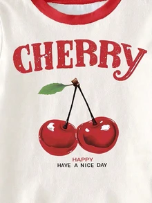 SHEIN Spring Summer Girls Casual Fashion Fruit Cherry Pattern Letter Print T-Shirt And Flared Pants Set,Comfortable Daily Wear School Back-To-School Outfit - Multicolor - View 5