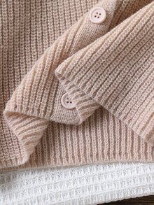 Tween Girl) Apricot Long Sleeve Cardigan Sweater Set With Long Pants, Ribbed Knit, Suitable For Spring, Autumn, Winter, Pairs With Jeans, Coats, Padded Jackets - Apricot - View 10