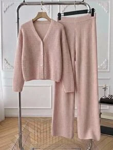 Tween Girl) Apricot Long Sleeve Cardigan Sweater Set With Long Pants, Ribbed Knit, Suitable For Spring, Autumn, Winter, Pairs With Jeans, Coats, Padded Jackets - Apricot - View 1