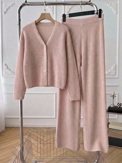Tween Girl) Apricot Long Sleeve Cardigan Sweater Set With Long Pants, Ribbed Knit, Suitable For Spring, Autumn, Winter, Pairs With Jeans, Coats, Padded Jackets