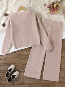 Tween Girl) Apricot Long Sleeve Cardigan Sweater Set With Long Pants, Ribbed Knit, Suitable For Spring, Autumn, Winter, Pairs With Jeans, Coats, Padded Jackets - Apricot - View 2