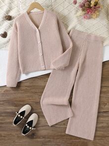 Tween Girl) Apricot Long Sleeve Cardigan Sweater Set With Long Pants, Ribbed Knit, Suitable For Spring, Autumn, Winter, Pairs With Jeans, Coats, Padded Jackets - Apricot - View 4