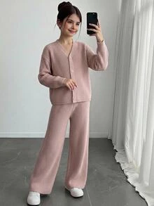 Tween Girl) Apricot Long Sleeve Cardigan Sweater Set With Long Pants, Ribbed Knit, Suitable For Spring, Autumn, Winter, Pairs With Jeans, Coats, Padded Jackets - Apricot - View 3