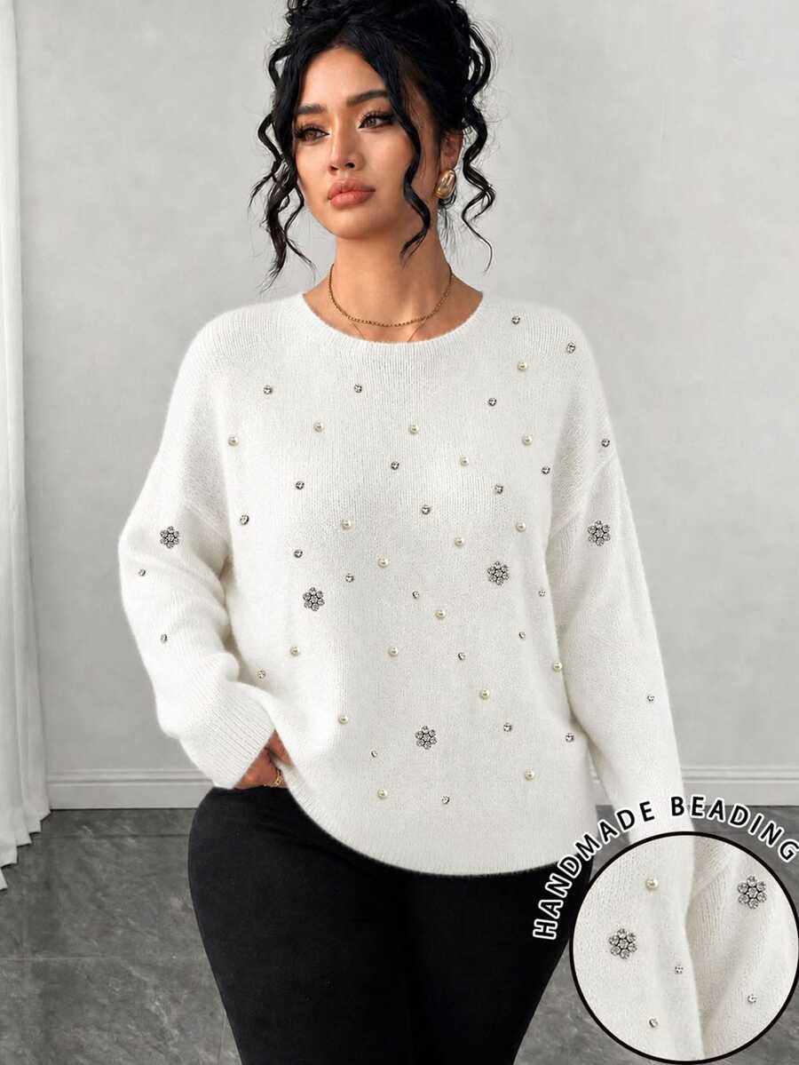 EMERY ROSE Plus Size Women's Dropped Shoulder Long Sleeve Diamond Floral Faux Sweater Minimalist Design Fashion Sweatshirt - White - View 1