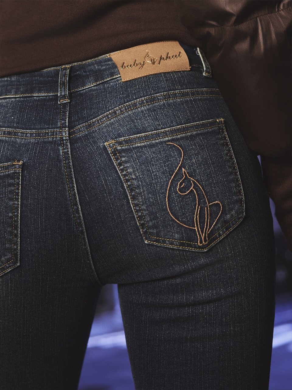 BABYPHAT Bootcut Jeans With Gold Embroidered Logo And Cat Graphic Low Rise Dark Wash Denim With Chain Detail Full Length