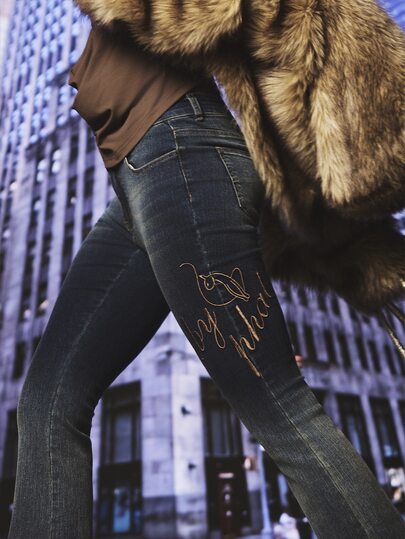 BABYPHAT Bootcut Jeans With Gold Embroidered Logo And Cat Graphic Low Rise Dark Wash Denim With Chain Detail Full Length