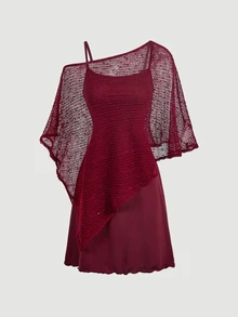 SHEIN MOD Women's Solid Color Spaghetti Strap Dress And Asymmetrical Shoulder Top Casual 2 Pieces Set - Burgundy - View 9