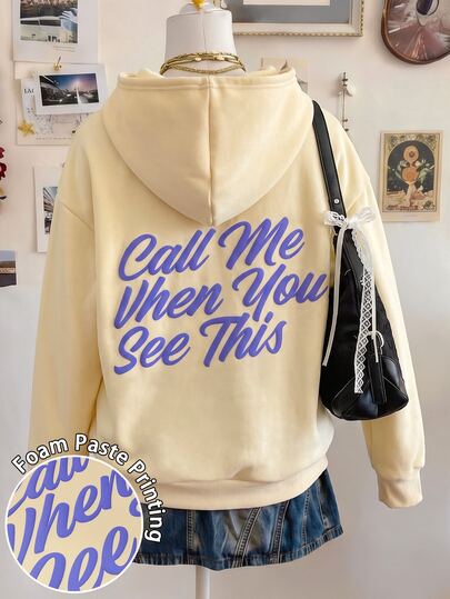 Lalippa Women Plus Size Hoodie, Call Me When You See This 3D Foam Letter Print Plus Size Long Sleeve Hooded Sweatshirt Casual Streetwear Pullover