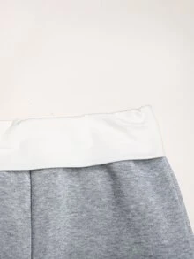 SHEIN 青少年女孩拼色拼接百褶寬鬆字母標語印花寬腿直筒運動長褲，保暖內裡加厚淺灰色 - 淺灰色 - 查看 5
