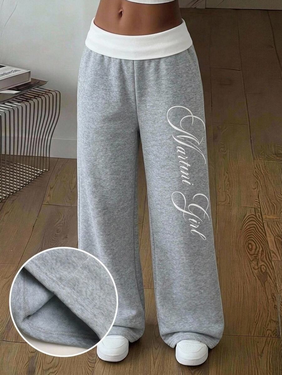 SHEIN Tween Girl Colorblock Patchwork Pleated Loose Letter Slogan Print Wide Leg Straight Sweatpants, Thermal Lined Thickened Light Gray - Light Grey - View 1