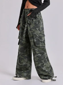 ROMWE Celana Jeans Kargo Potongan Lurus Longgar Multi-Saku Motif Kamuflase Y2K Musim Gugur Musim Dingin Musim Semi Kasual Jalanan - Hijau Tentara - View 2