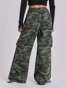 ROMWE Celana Jeans Kargo Potongan Lurus Longgar Multi-Saku Motif Kamuflase Y2K Musim Gugur Musim Dingin Musim Semi Kasual Jalanan - Hijau Tentara - View 6